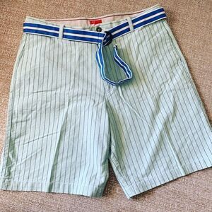 Izod Stripe Belted Shorts Men’s Size 38 100% Cotton Light Green/Blue